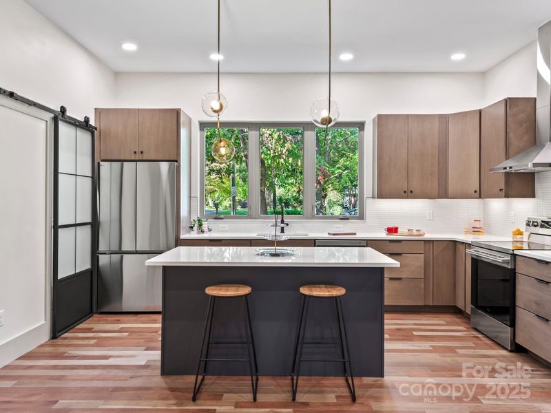 Modern maple cabinets, quartz countertops, sleek appliances