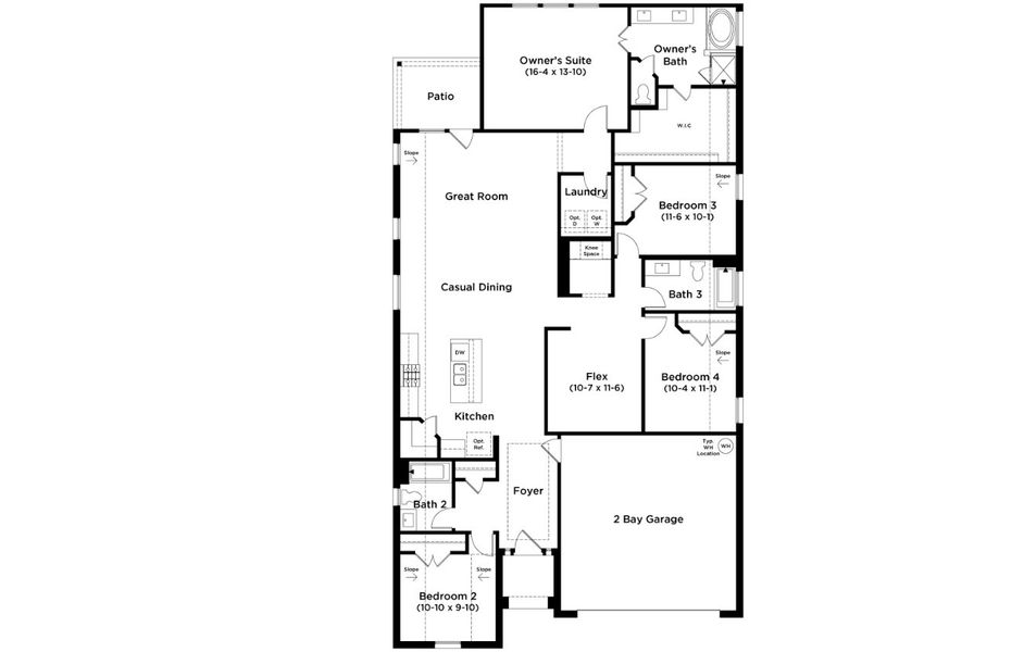 2D floor plan layout for the Oleander by DRB Homes in Infinity Square, Kyle, TX (Image 3).