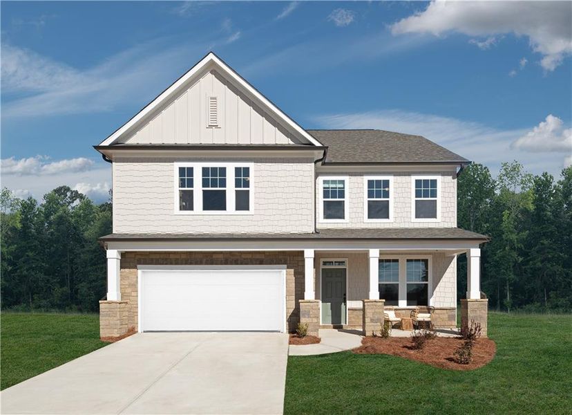 Front exterior of a new home in The Estates at Casteel, Bethlehem, GA, highlighting curb appeal (Image 1). Front exterior of a new home in The Estates at Casteel, Bethlehem, GA, highlighting curb appeal (Image 1).