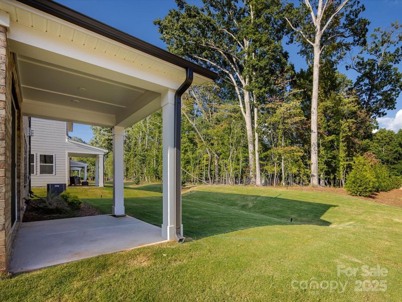 Covered outdoor living space backing mature trees.