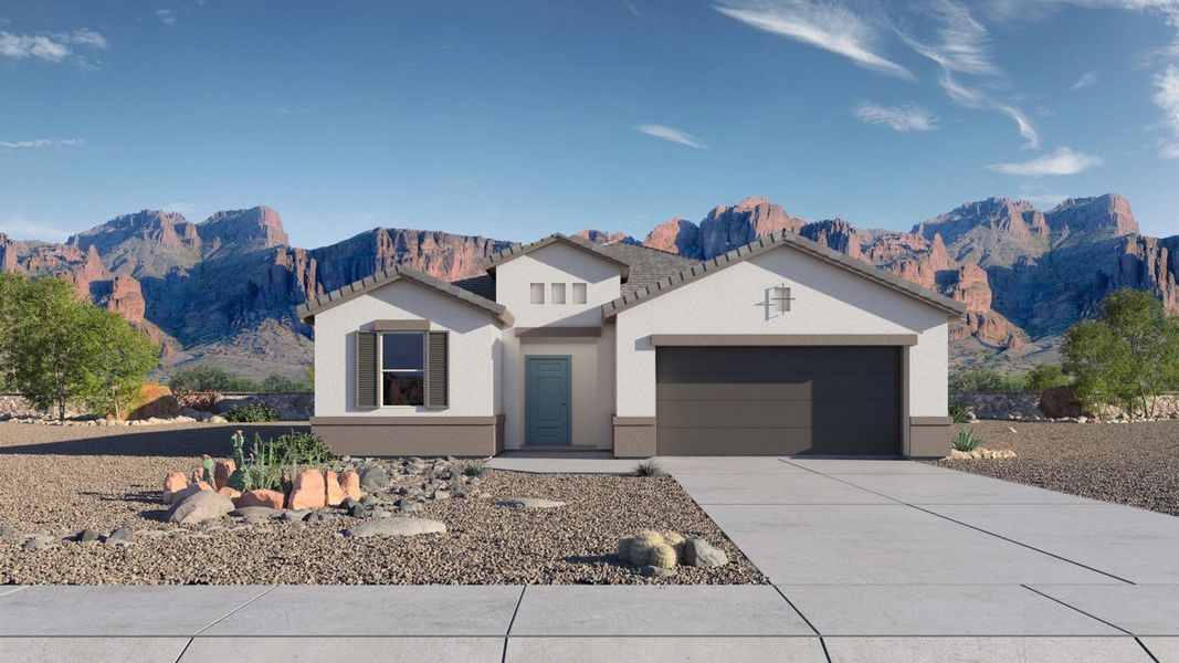 Front exterior of a new home in Radiance at Superstition Vistas, Apache Junction, AZ, highlighting curb appeal (Image 1). Front exterior of a new home in Radiance at Superstition Vistas, Apache Junction, AZ, highlighting curb appeal (Image 1).