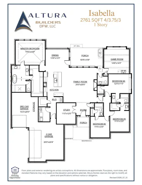 2D floor plan layout for the Isabella by Altura Homes in Talbott Estates, Howe, TX (Image 3).