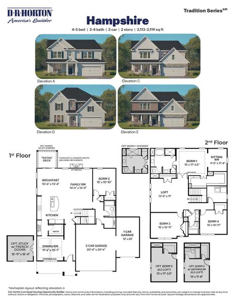 2D floor plan layout for the Hampshire by D.R. Horton in The Manors at Winston Pointe, Clayton, NC (Image 5).