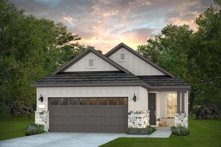 Front exterior of a new home in Del Webb New Braunfels at Veramendi, New Braunfels, TX, highlighting curb appeal (Image 1). Front exterior of a new home in Del Webb New Braunfels at Veramendi, New Braunfels, TX, highlighting curb appeal (Image 1).