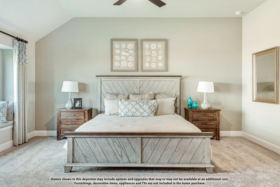 Master bedroom with vaulted ceiling, wood panel bed frame, nightstands, and ceiling fan on neutral carpet Master bedroom with vaulted ceiling, wood panel bed frame, nightstands, and ceiling fan on neutral carpet