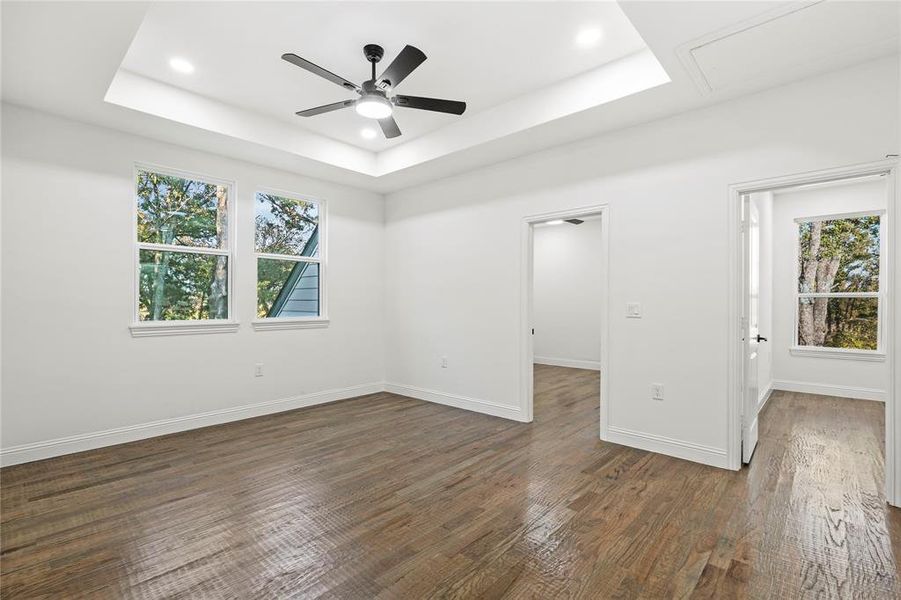 Spare room featuring dark wood-style flooring, plenty of natural light, a tray ceiling, and recessed lighting
