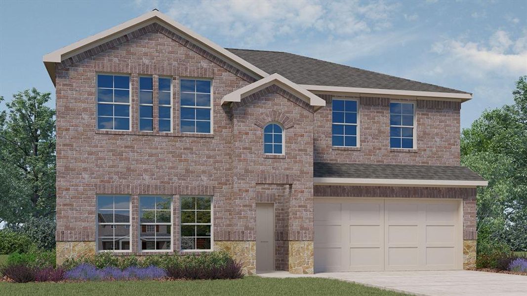 Front exterior of a new home in Stonehaven, Caddo Mills, TX, highlighting curb appeal (Image 1).
