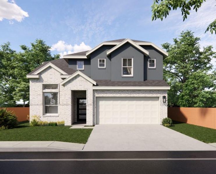 View of front of property with brick siding, driveway, an attached garage, and stucco siding