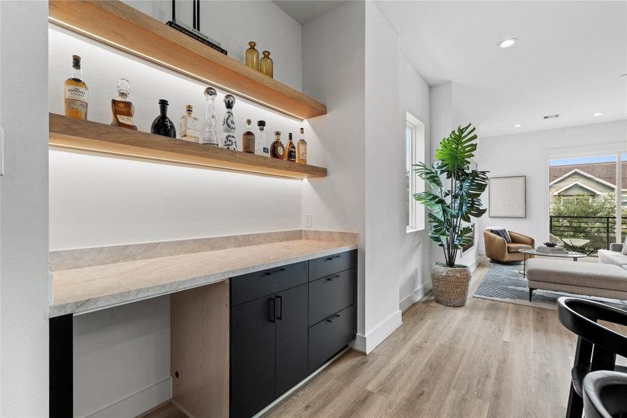 The dry bar is perfect for grinding your own coffee beans and practicing latte art or for showing off the expensive Japanese whiskey you bought. The dry bar is perfect for grinding your own coffee beans and practicing latte art or for showing off the expensive Japanese whiskey you bought.