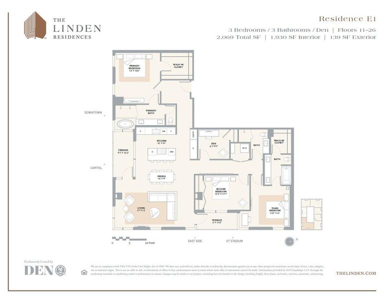 The Linden Floor Plan E1 offers a spacious 1,930 SF of interior living space, complemented by an additional 139 SF on the exterior balcony. This thoughtfully designed layout includes 3 beds, each with ample closet space, and 3 baths. The plan also features a versatile den, ideal for a home office or additional living area. The unit offers stunning views of downtown Austin, the Capitol, the East Side, and the University of Texas Stadium from various vantage points. The Linden Floor Plan E1 offers a spacious 1,930 SF of interior living space, complemented by an additional 139 SF on the exterior balcony. This thoughtfully designed layout includes 3 beds, each with ample closet space, and 3 baths. The plan also features a versatile den, ideal for a home office or additional living area. The unit offers stunning views of downtown Austin, the Capitol, the East Side, and the University of Texas Stadium from various vantage points.