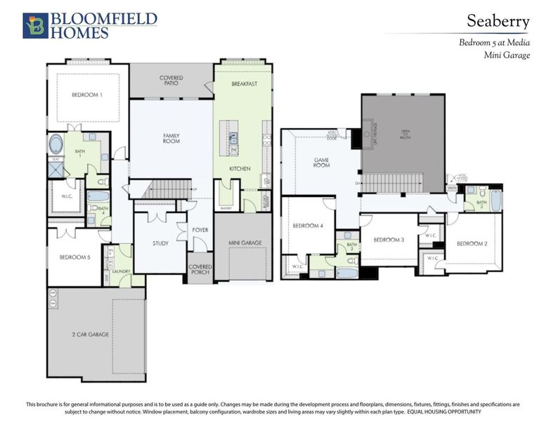 Bloomfield Homes Seaberry floor plan with five bedrooms, game room, study, kitchen, and two-car garage layout. Bloomfield Homes Seaberry floor plan with five bedrooms, game room, study, kitchen, and two-car garage layout.