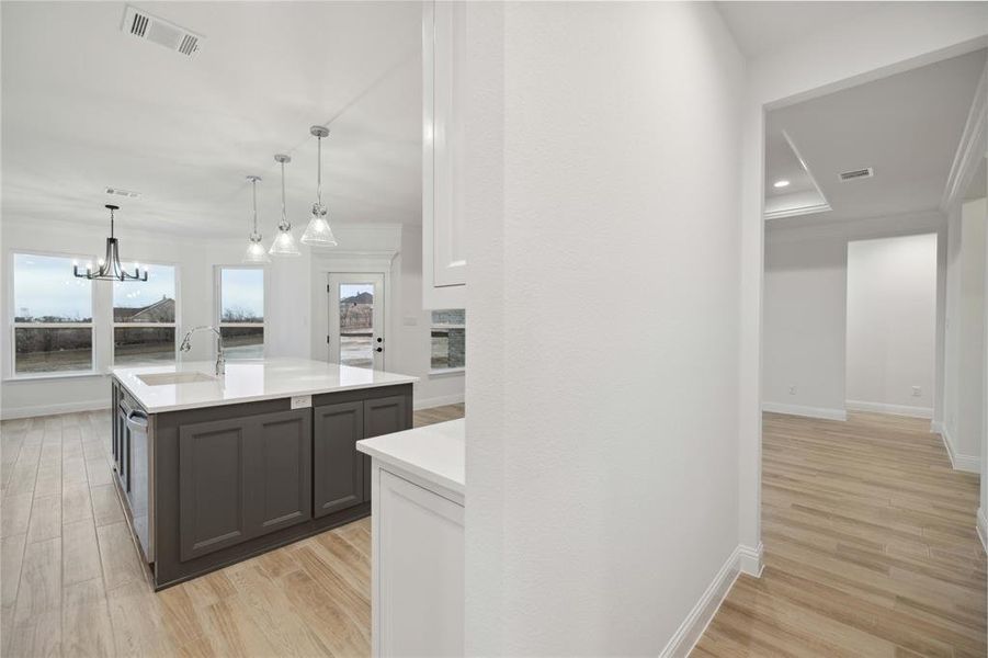 Kitchen with gray cabinetry, light wood-type flooring, pendant lighting, sink, and an island with sink