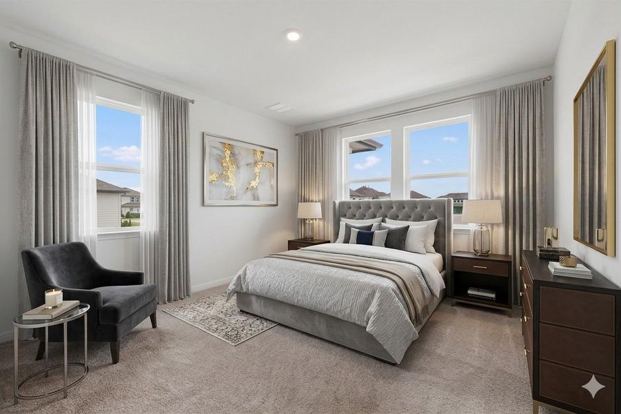 Virtually Staged- Spacious bedroom featuring light-toned carpeting and multiple windows with included window treatments