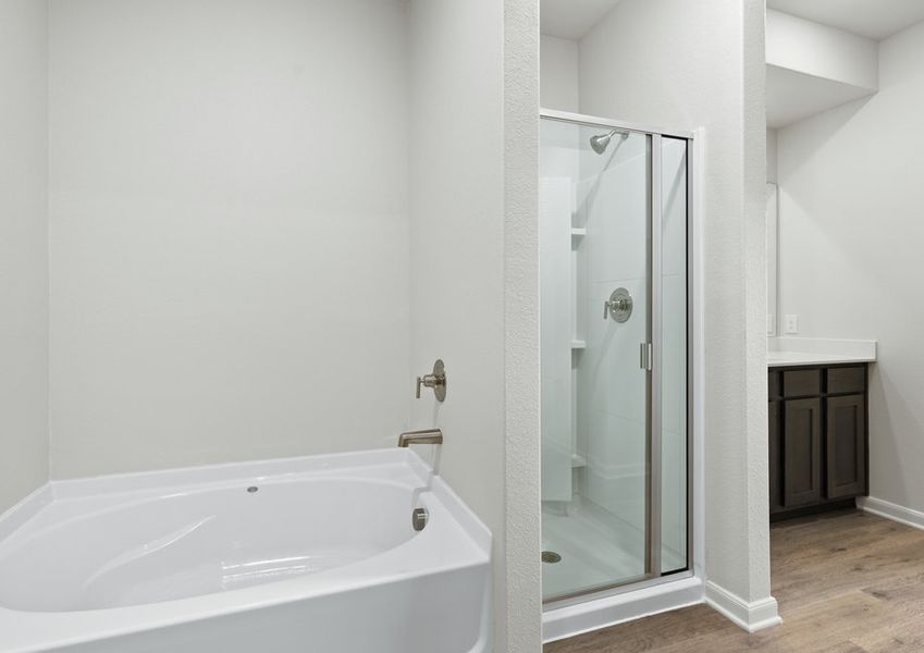 The master bathroom has a glass, walk-in shower and a garden tub. The master bathroom has a glass, walk-in shower and a garden tub.
