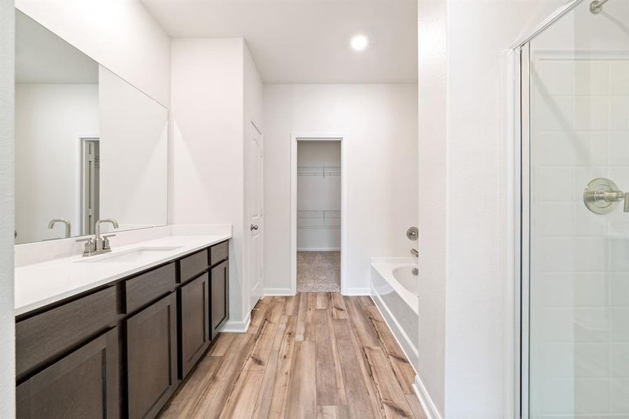 Bathroom with vanity, separate shower and tub, and hardwood / wood-style floors