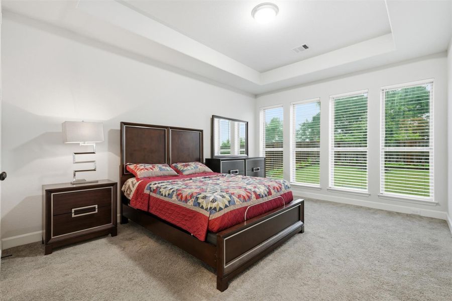 This spacious primary bedroom features large windows provide ample natural light and offer a view of the lush green backyard. The room is carpeted, with a neutral color palette and a tray ceiling for added elegance. This spacious primary bedroom features large windows provide ample natural light and offer a view of the lush green backyard. The room is carpeted, with a neutral color palette and a tray ceiling for added elegance.