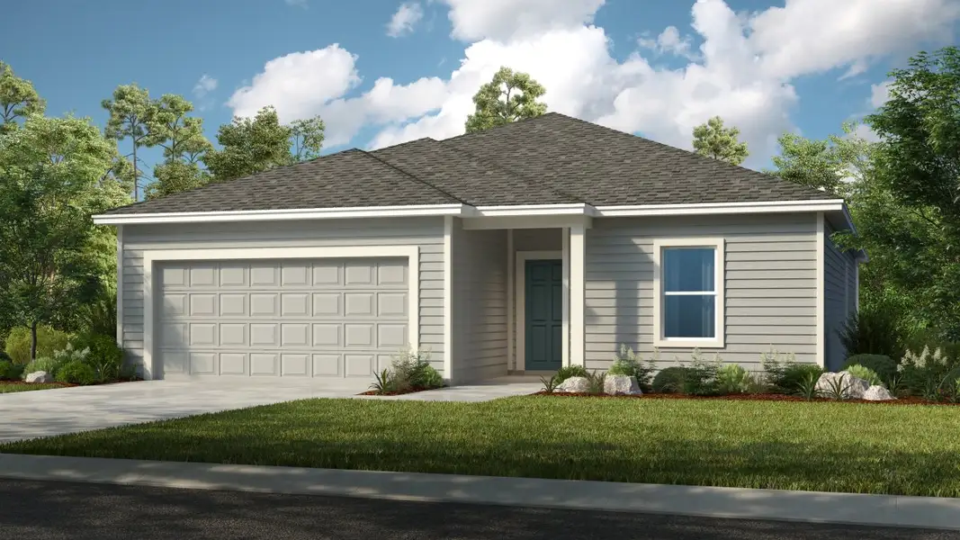 Front exterior of a new home in Coopers Meadow, Jacksonville, FL, highlighting curb appeal (Image 1). Front exterior of a new home in Coopers Meadow, Jacksonville, FL, highlighting curb appeal (Image 1).