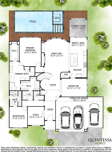 Artist Rendering of 1st Floor on Site Plan. Pool and Backyard Sod Not Included In Home.