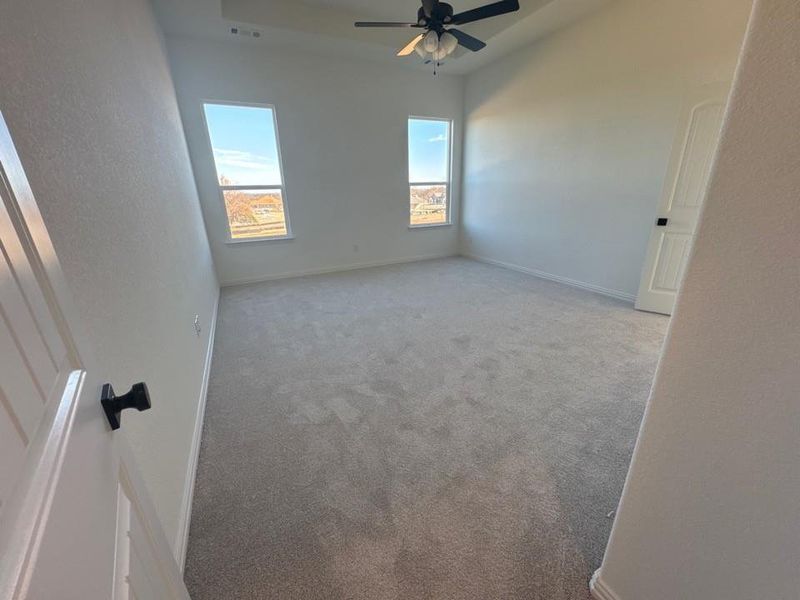 Carpeted empty room featuring ceiling fan and a textured wall Carpeted empty room featuring ceiling fan and a textured wall