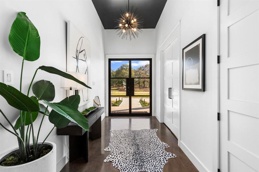 Beautiful modern doors in this welcoming entry way, coat closet to the left walking in and double doors leading into the office that could be a sixth bedroom.