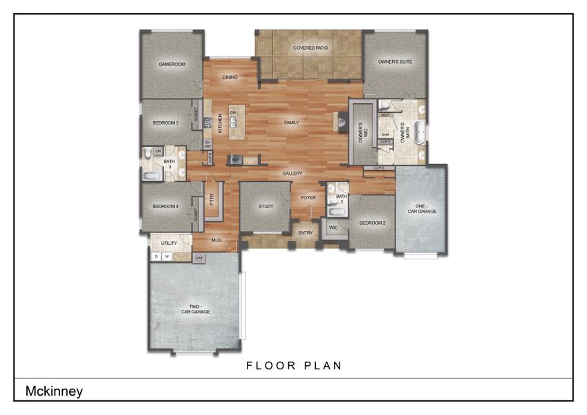 2D floor plan layout for the The McKinney by Kenmark Homes in Paloma Ranches, Justin, TX (Image 2). 2D floor plan layout for the The McKinney by Kenmark Homes in Paloma Ranches, Justin, TX (Image 2).