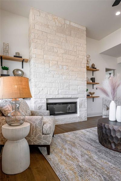 Curl up by the floor-to-ceiling fireplace.