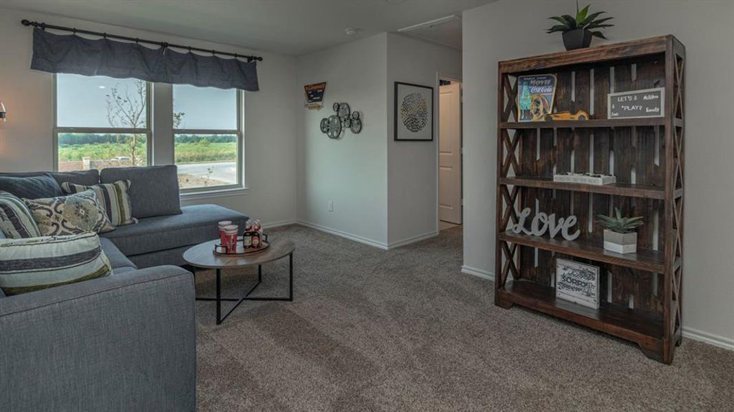 Carpeted living space featuring a window with a valance and a built-in wooden shelving unit