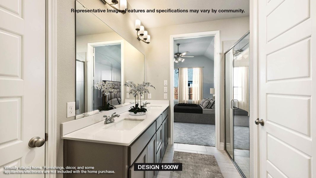 Bathroom with vanity, ceiling fan, tile patterned floors, and a shower with door