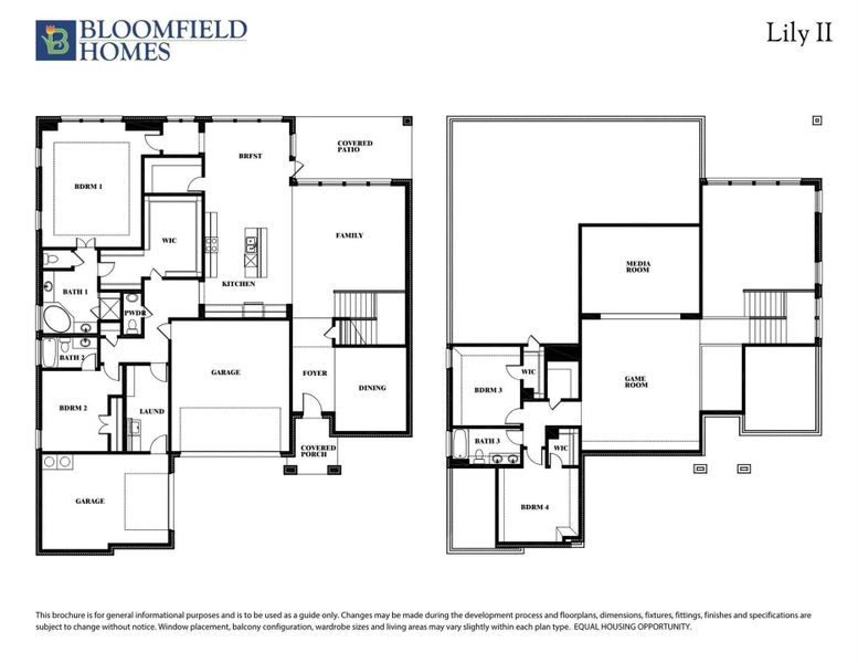 Bloomfield Homes Lily II two-story floor plan with four bedrooms, three bathrooms, game room, and media room. Bloomfield Homes Lily II two-story floor plan with four bedrooms, three bathrooms, game room, and media room.