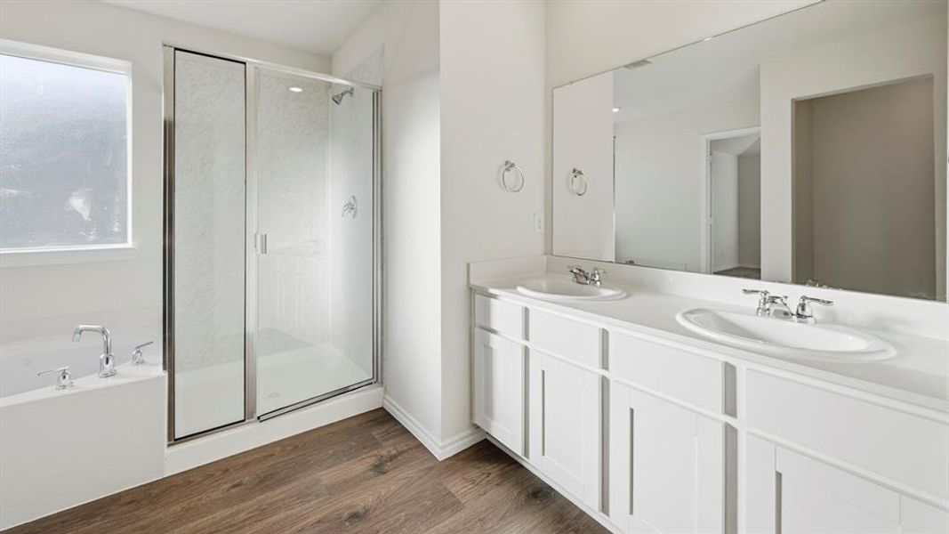 Full bathroom featuring a shower stall, double vanity, dark wood finished floors, and a garden tub Full bathroom featuring a shower stall, double vanity, dark wood finished floors, and a garden tub