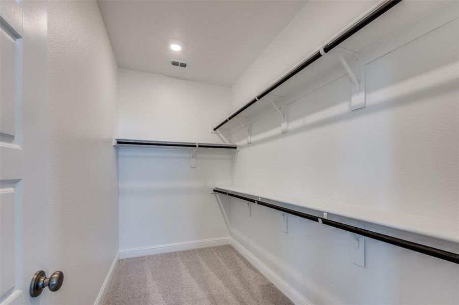 Walk in closet featuring light colored carpet