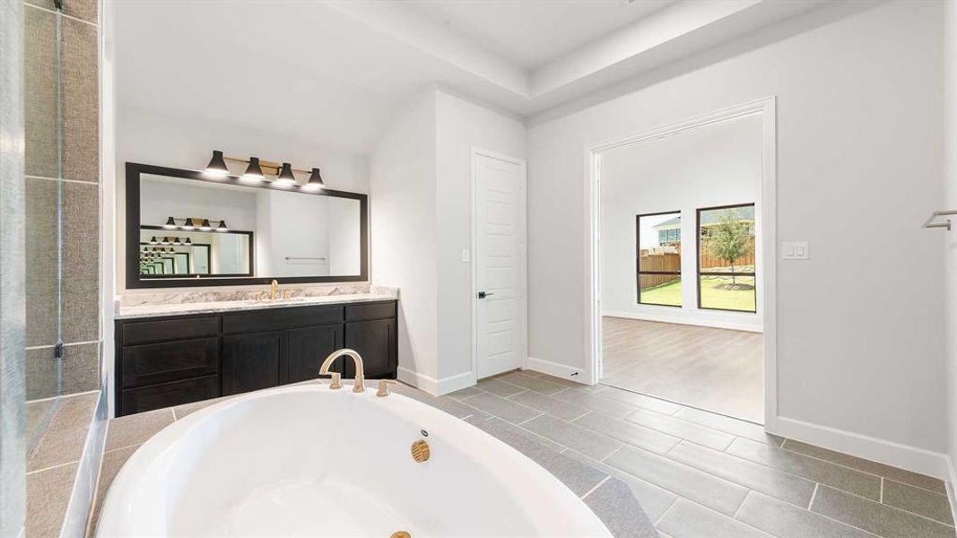 Bathroom featuring vanity, a raised ceiling, wood-type flooring, and a bathing tub