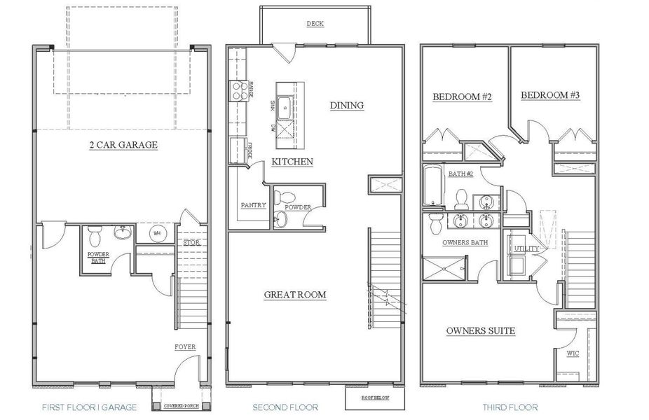 2D floor plan layout for the The Gray Three-Story by Brookline Homes in Vanguard at Vermillion, Huntersville, NC (Image 2).
