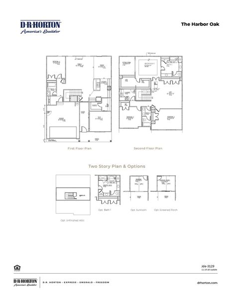 2D floor plan layout for the HARBOR OAK by D.R. Horton in Spring View Landing, Loris, SC (Image 2).