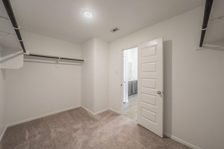 Walk in closet featuring light colored carpet Walk in closet featuring light colored carpet