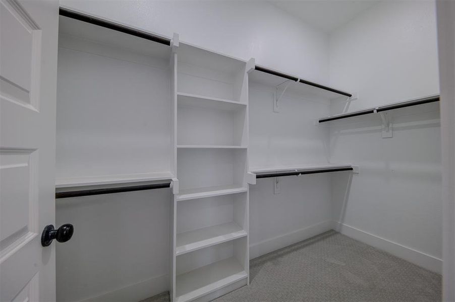 Spacious closet with light carpet