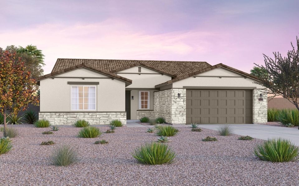 Representative exterior photo of a completed home built from the Lily by Brookfield Residential in Mariposa at Blossom Rock, Apache Junction, AZ (Image 20).
