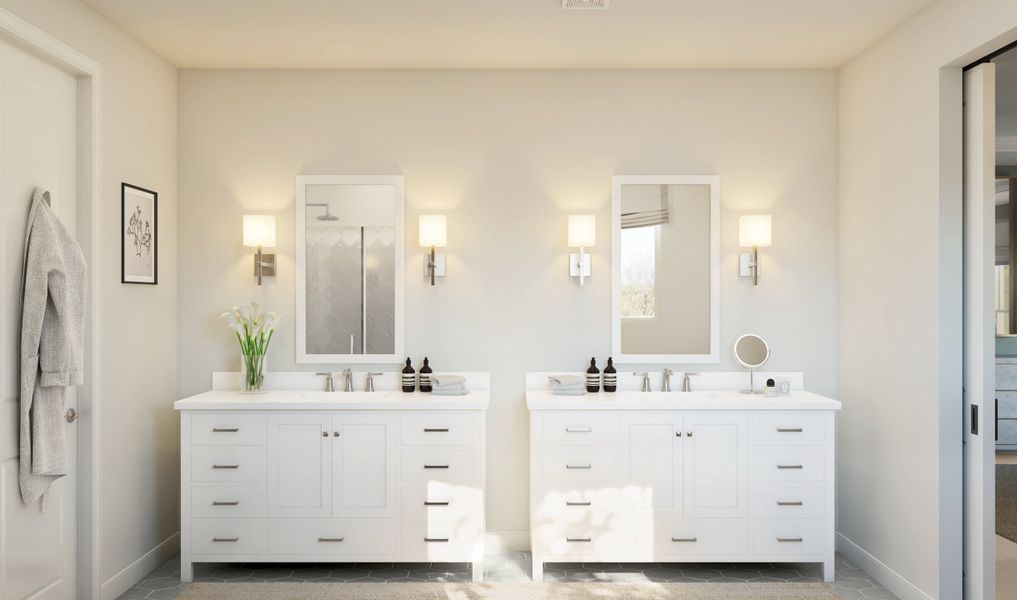 Primary bath with dual freestanding vanities Primary bath with dual freestanding vanities