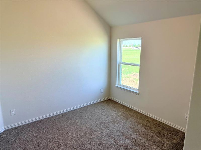 Carpeted room with a vaulted ceiling