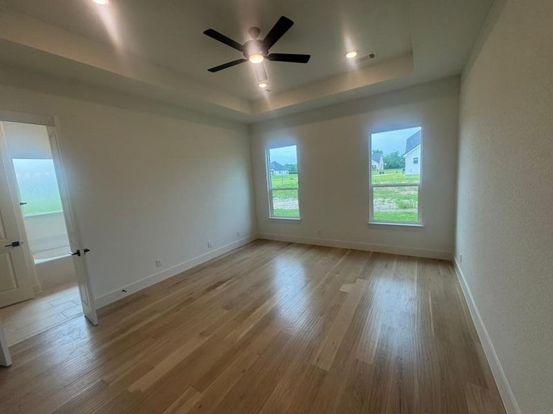 Spacious room featuring wood-finish flooring, two large windows, a tray ceiling with recessed lighting, and a modern ceiling fan