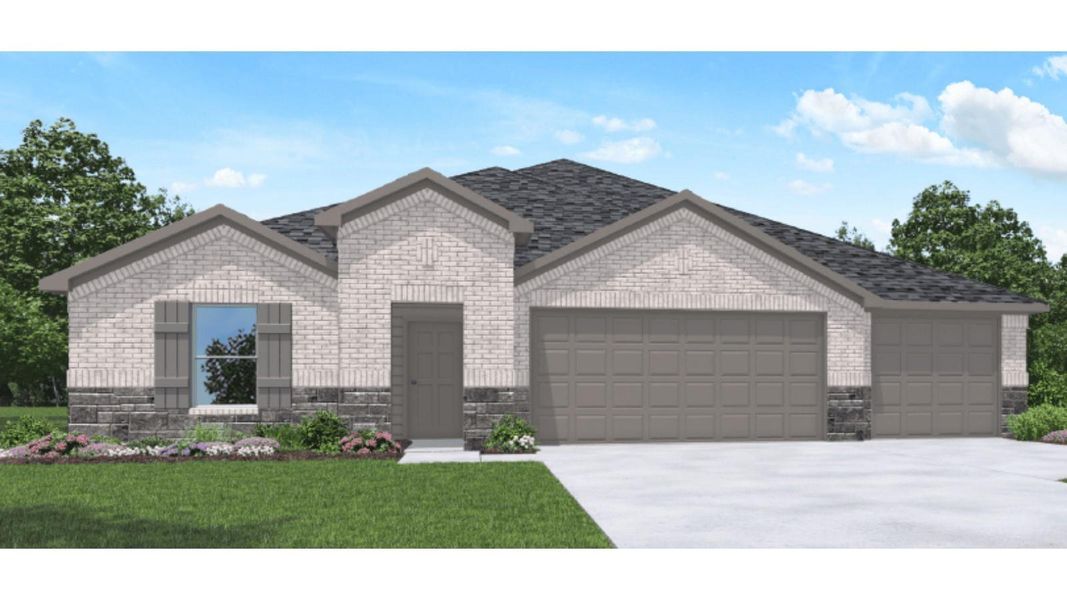Front exterior of a new home in River Ranch Meadows, Dayton, TX, highlighting curb appeal (Image 2). Front exterior of a new home in River Ranch Meadows, Dayton, TX, highlighting curb appeal (Image 2).