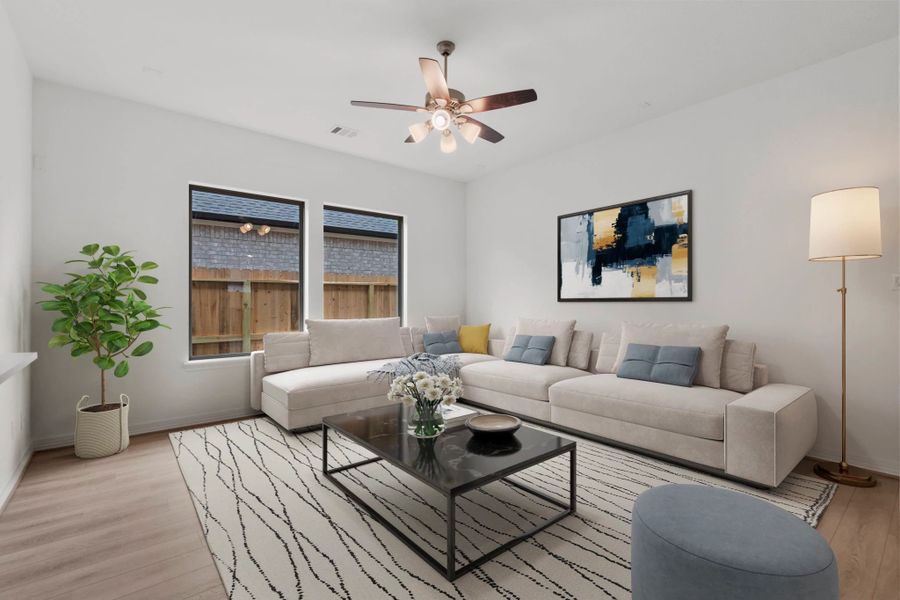 Gathering room.  Sample product photo. Actual exterior and interior selections may vary by homesite. Photo may be virtually staged.