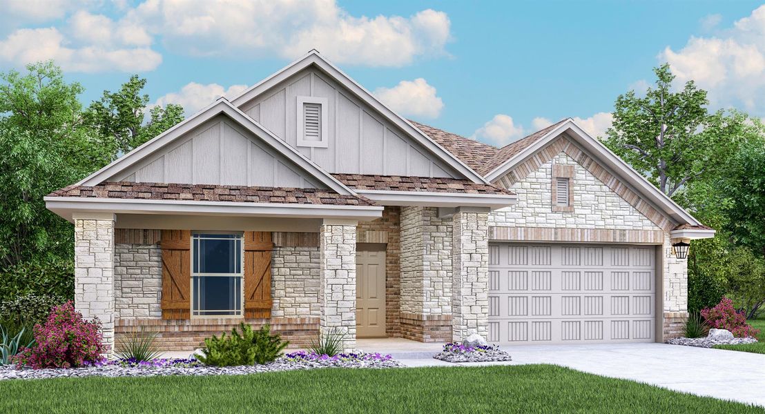Front exterior of a new home in Lively Ranch: Brookstone Collection, Georgetown, TX, highlighting curb appeal (Image 1). Front exterior of a new home in Lively Ranch: Brookstone Collection, Georgetown, TX, highlighting curb appeal (Image 1).