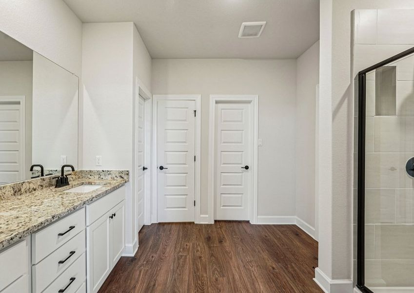 Primary bathroom featuring a vanity with granite countertop and a view of the walk-in shower. Primary bathroom featuring a vanity with granite countertop and a view of the walk-in shower.