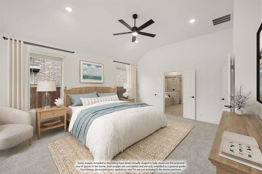 Master bedroom with vaulted ceiling, ceiling fan, carpet flooring, and ensuite bathroom doorway visible