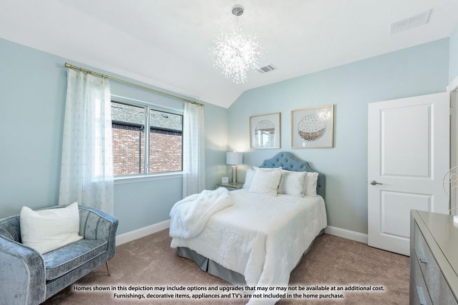 Bedroom with vaulted ceiling, chandelier, light blue walls, carpet flooring, and a large window with sheer curtains Bedroom with vaulted ceiling, chandelier, light blue walls, carpet flooring, and a large window with sheer curtains
