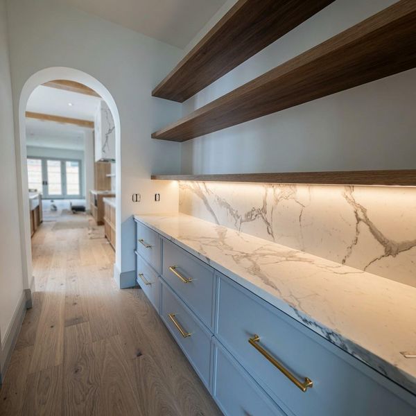 Tucked between the kitchen and dining room, this dry bar earns its keep. Boasting floating shelves, full marble backsplash, and clean hardware built for a host who doesn't want to leave the room mid-conversation. Tucked between the kitchen and dining room, this dry bar earns its keep. Boasting floating shelves, full marble backsplash, and clean hardware built for a host who doesn't want to leave the room mid-conversation.