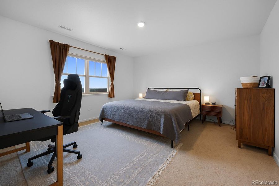 The primary suite is spacious and has enough space for a sitting area or desk.