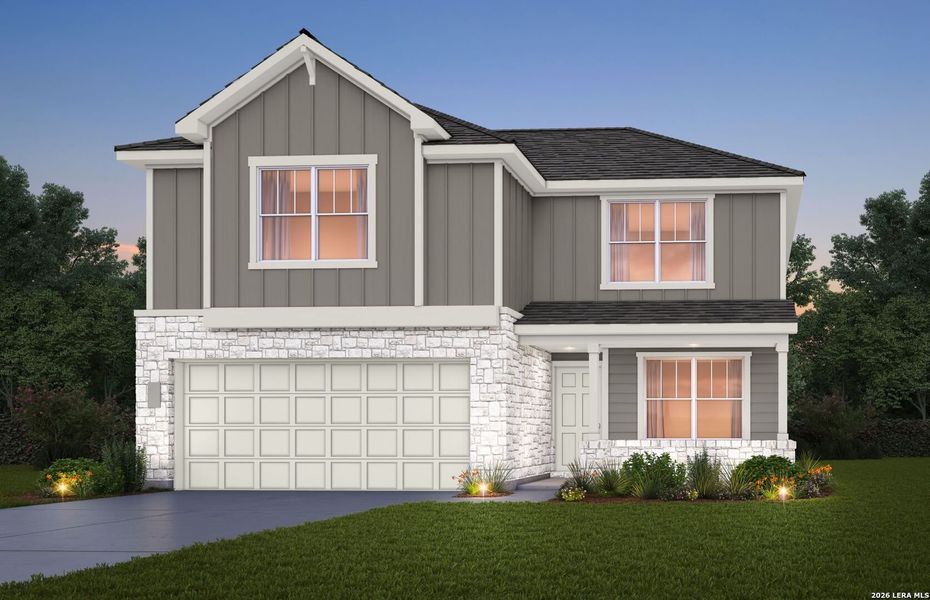 Front exterior of a new home in The Overlook at Creekside, New Braunfels, TX, highlighting curb appeal (Image 1). Front exterior of a new home in The Overlook at Creekside, New Braunfels, TX, highlighting curb appeal (Image 1).