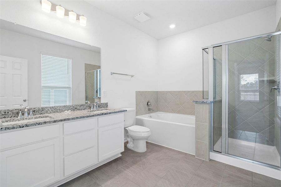 Luxurious primary suite bath boasts a large double vanity topped with elegant granite countertops, a deep soaking tub, and a generously sized standalone glass shower.